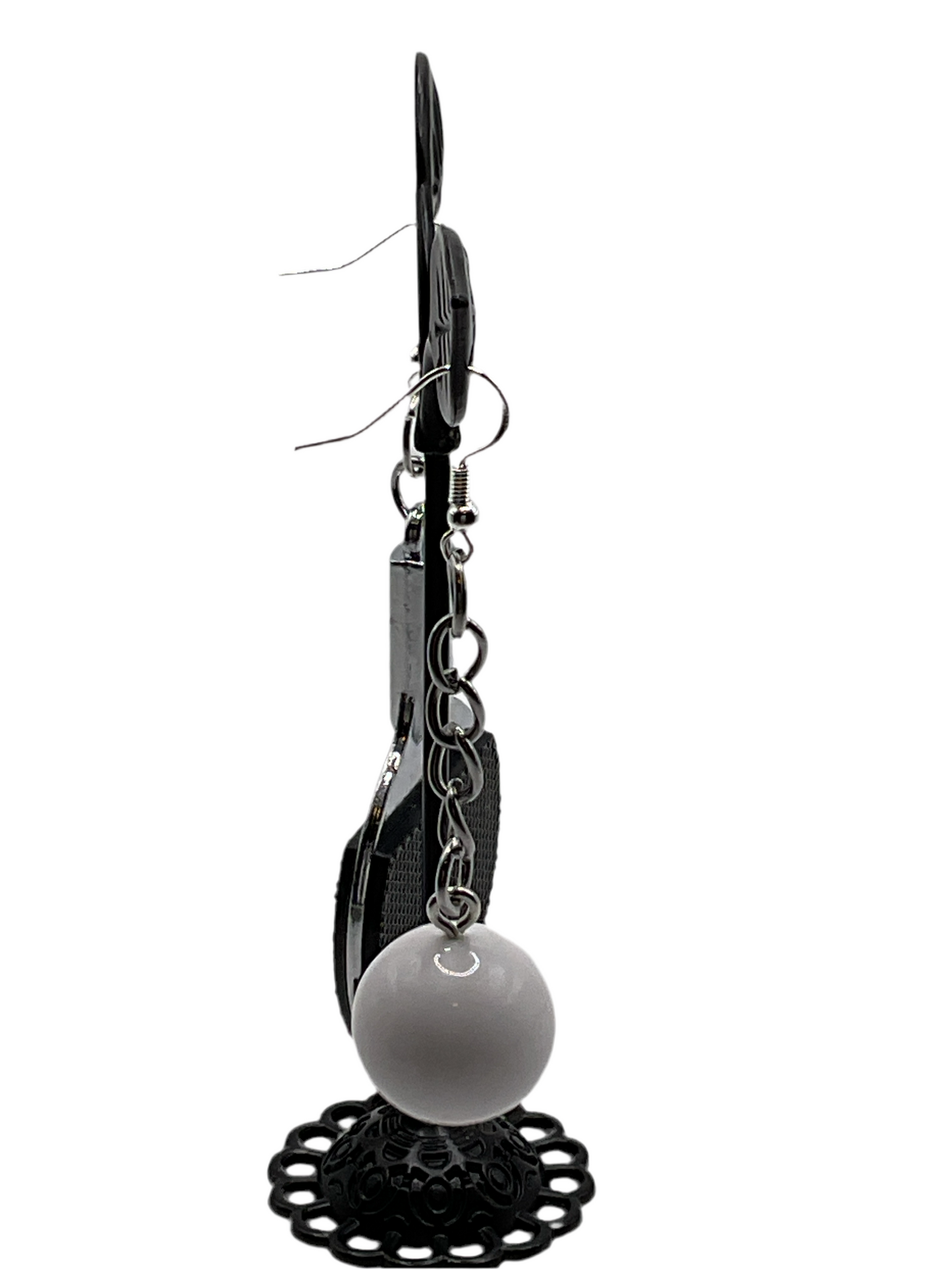 Black ping pong paddle and ball earrings