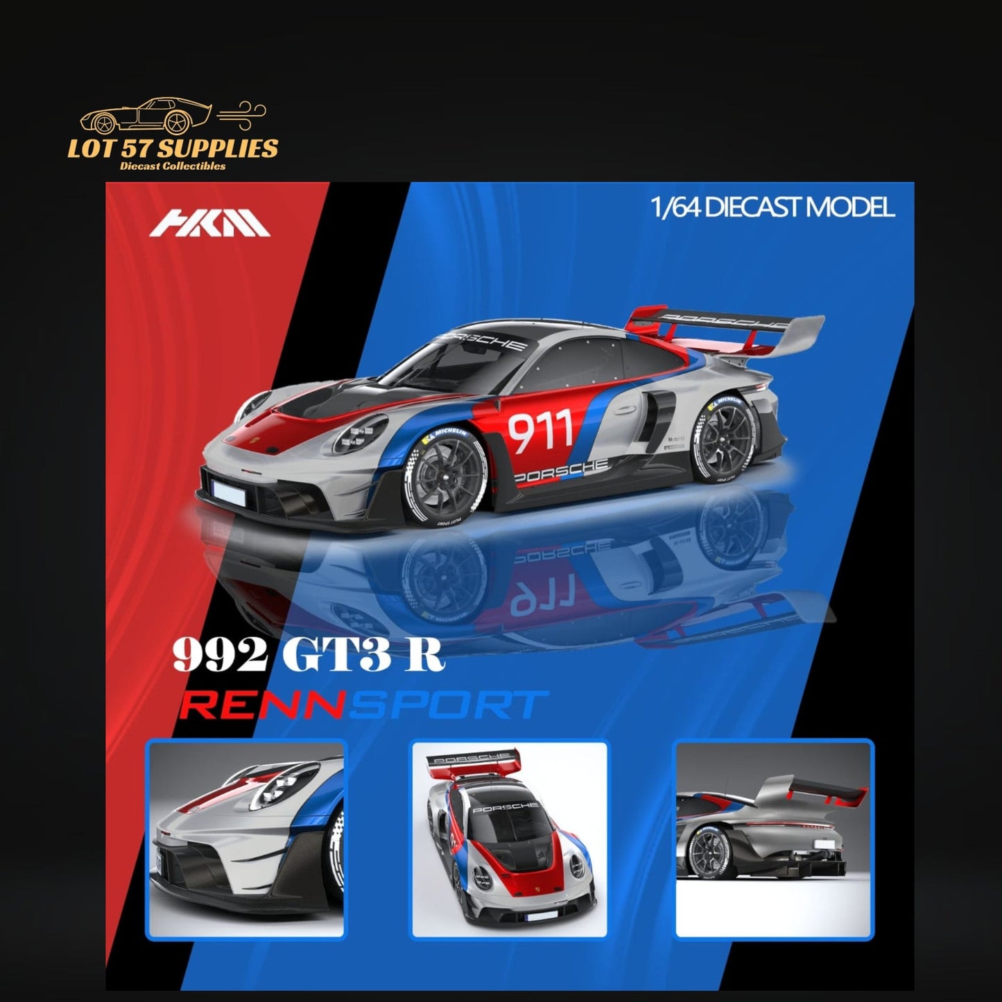 (Pre-Order) HKM Model Porsche 911 (992) GT3 R Rennsport Silver #911 1:64 - Collectors World Toys