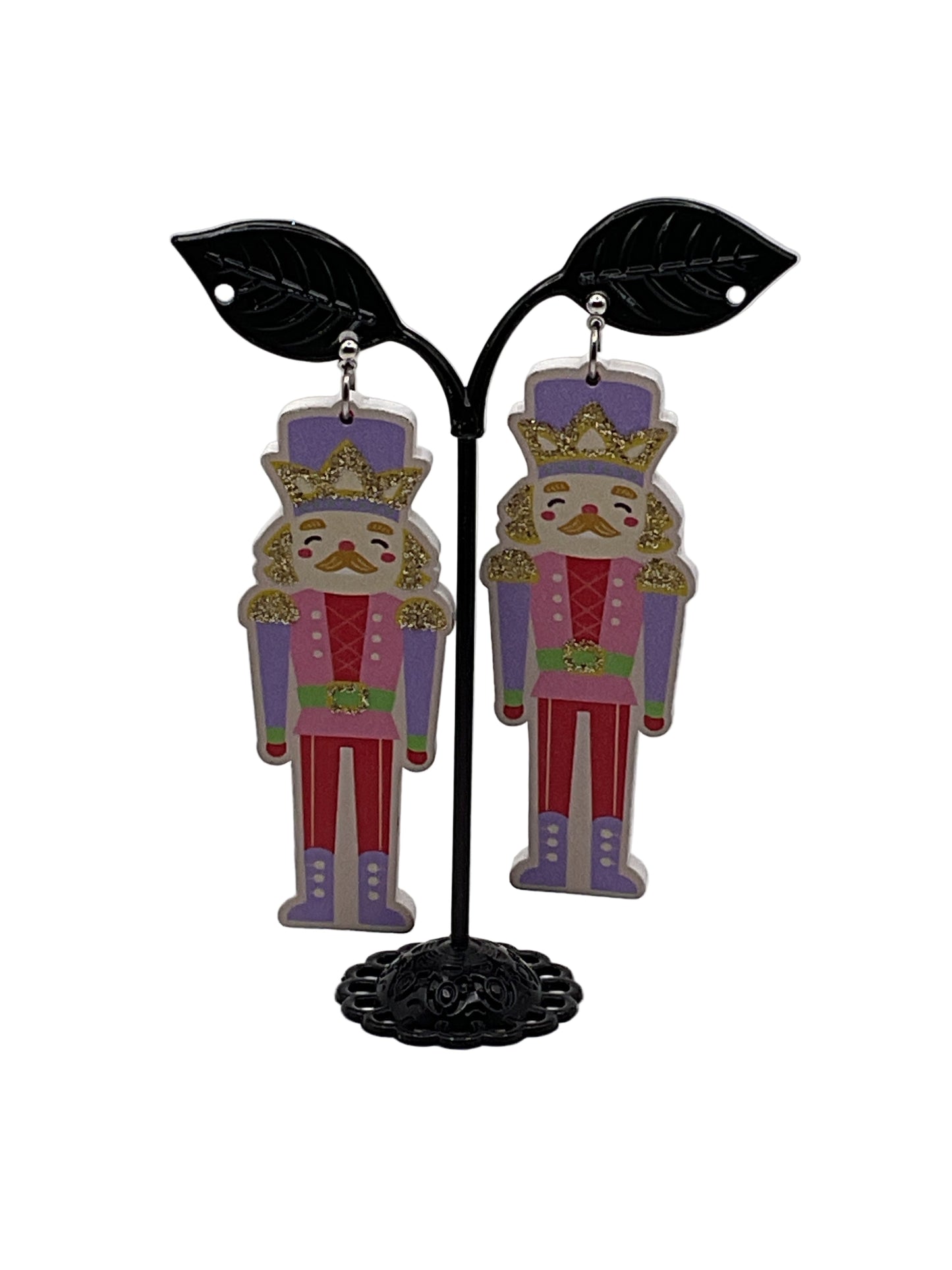 Wooden Christmas Earrings PINK AND PURPLE NUTCRACKER