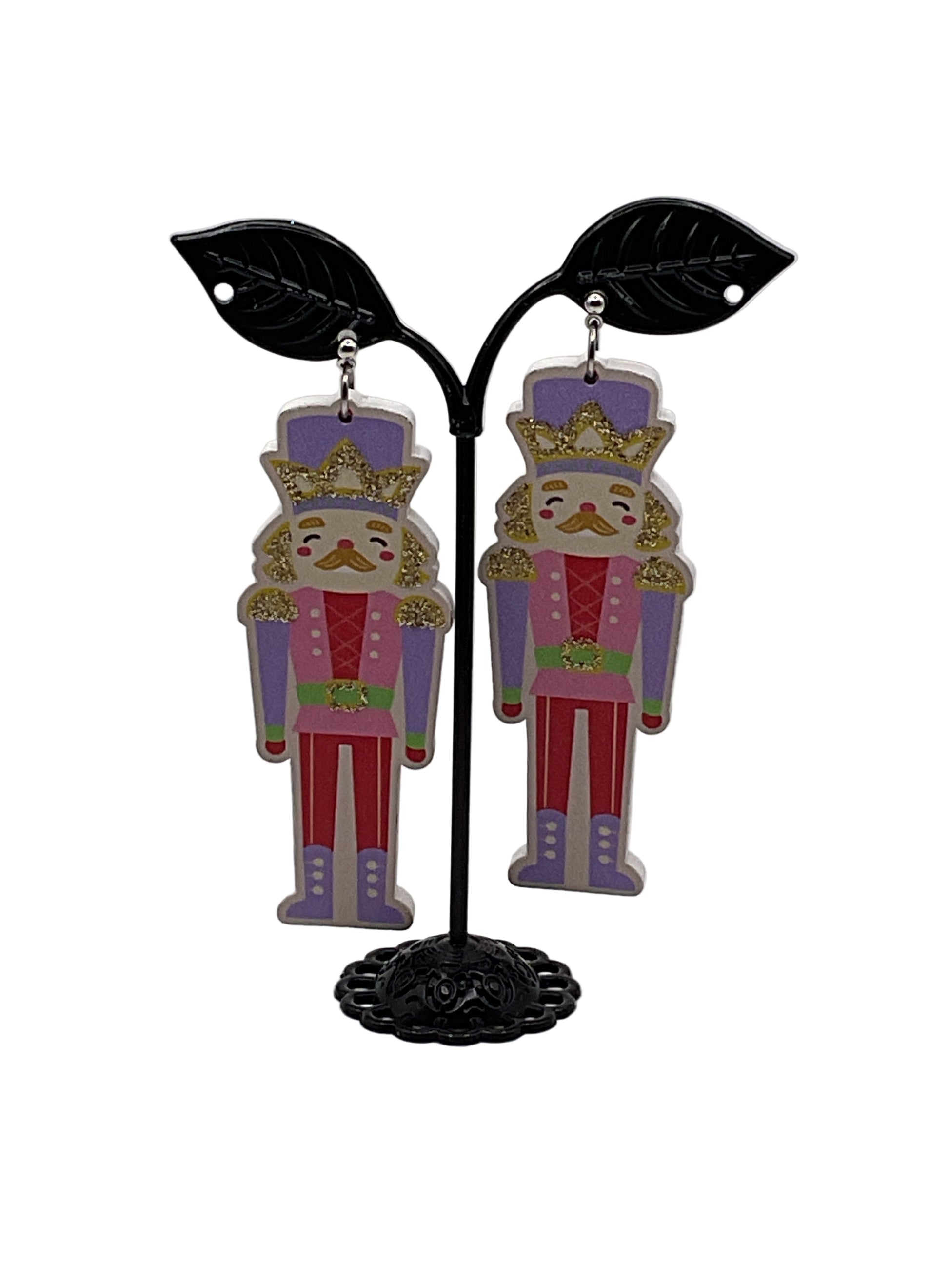 Wooden Christmas Earrings PINK AND PURPLE NUTCRACKER