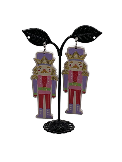 Wooden Christmas Earrings PINK AND PURPLE NUTCRACKER
