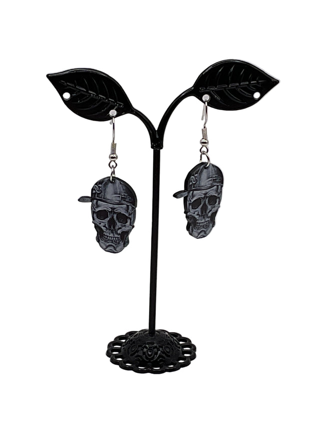 Skull With Ball Cap Earrings Hover Image