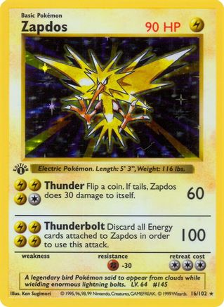 Zapdos 016 - Base Set Shadowless 1st Edition Holofoil