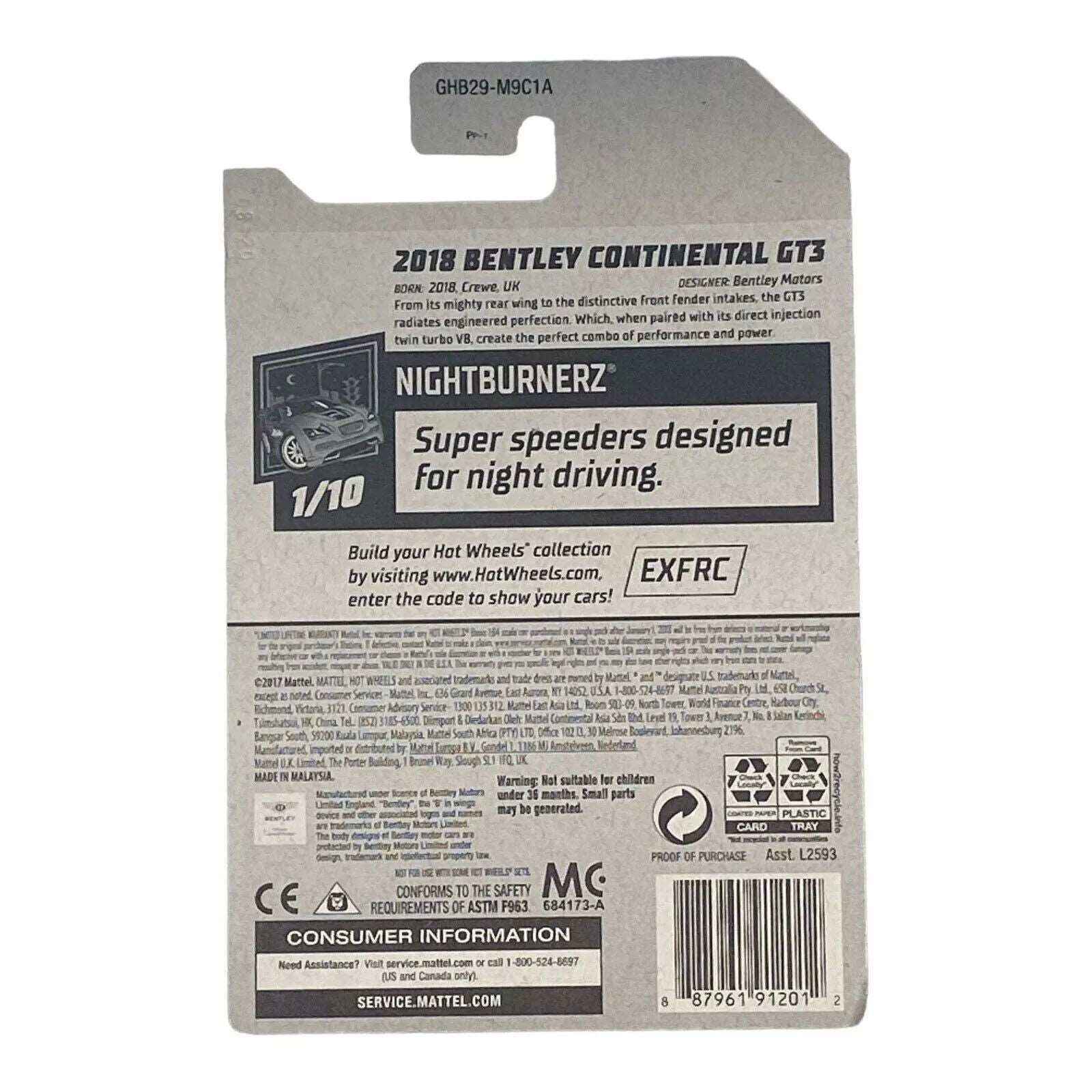 Hot Wheels 2018 Bentley Continental GT3 - Nightburnerz Series 1/10 -