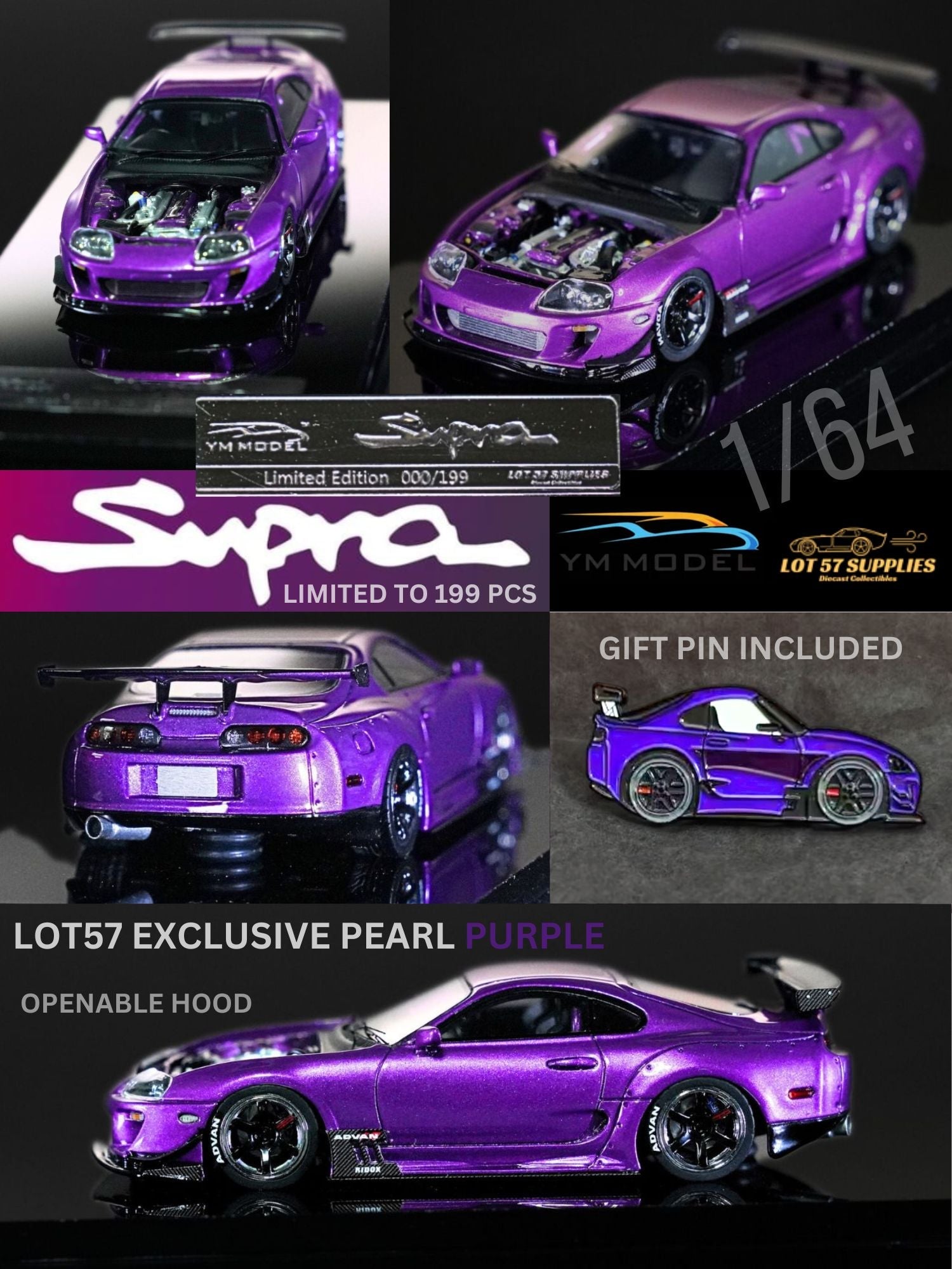 YM Model X LOT 57 Exclusive Toyota Supra JZA80 Limited to 199 Pcs + Bonus Gift Custom Pin 1:64 Main image