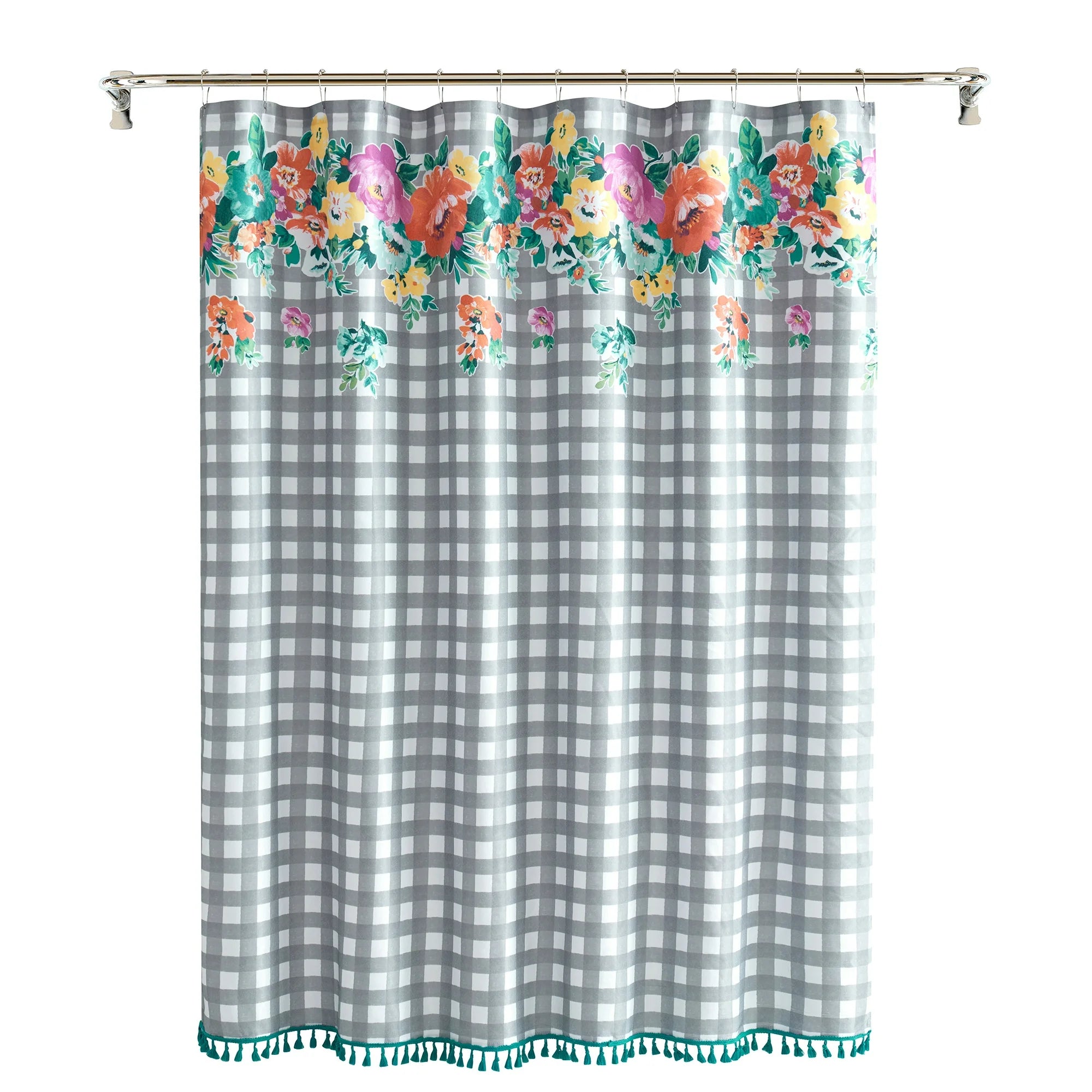 The Pioneer Woman Sweet Romance Gingham Floral Cotton-Rich Shower Curtain, 72