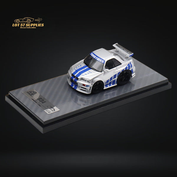 YM model X QCAR Skyline R34 Silver Blue F&F Livery Resin 1:64