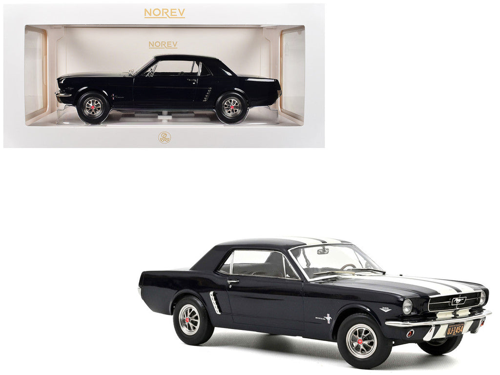 Norev - 1965 Ford Mustang Hardtop Coupe Nightmist Blue Metallic with White Stripes 1/18 Diecast Model Car by Norev