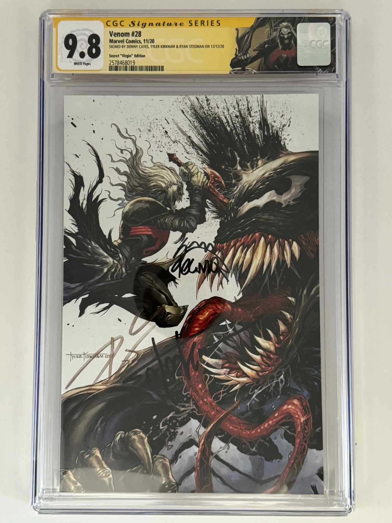 [Triple Signed by Tyler Kirkham | Donny Cates | Ryan Stegman] Venom #28 CGC 9.8 Yellow Label Tyler Kirkham Exclusive Secret Virgin Var Main image