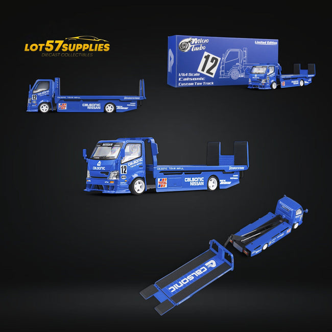 MicroTurbo HINO 300 Custom Truck Flatbed  Blue Calsonic Livery 1:64 - Collectors World Toys Hover Image