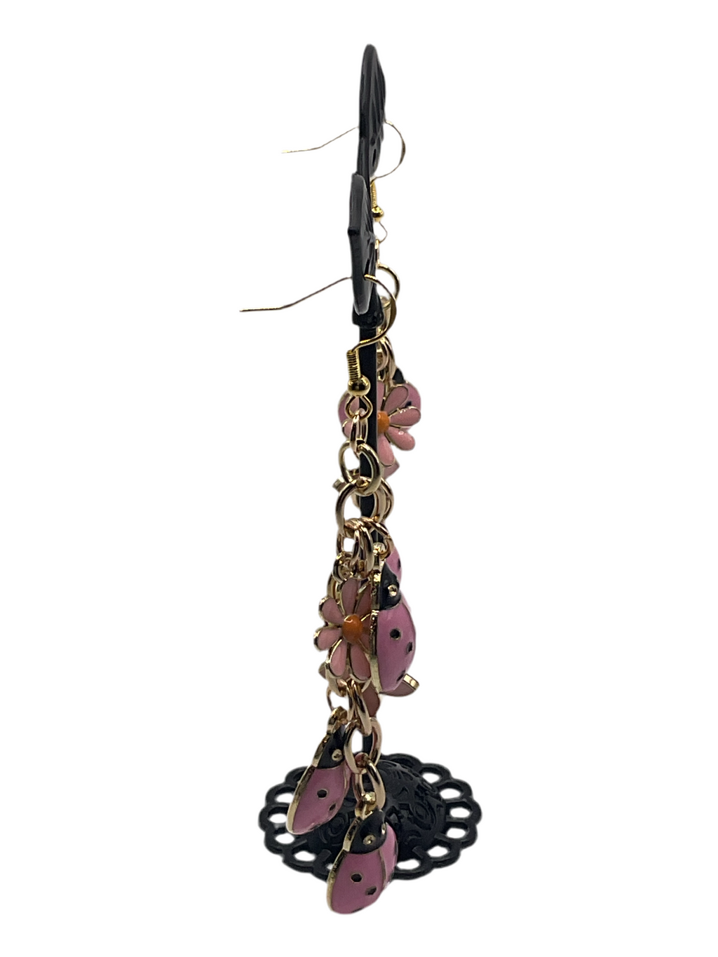 Pink ladybug and flower earrings