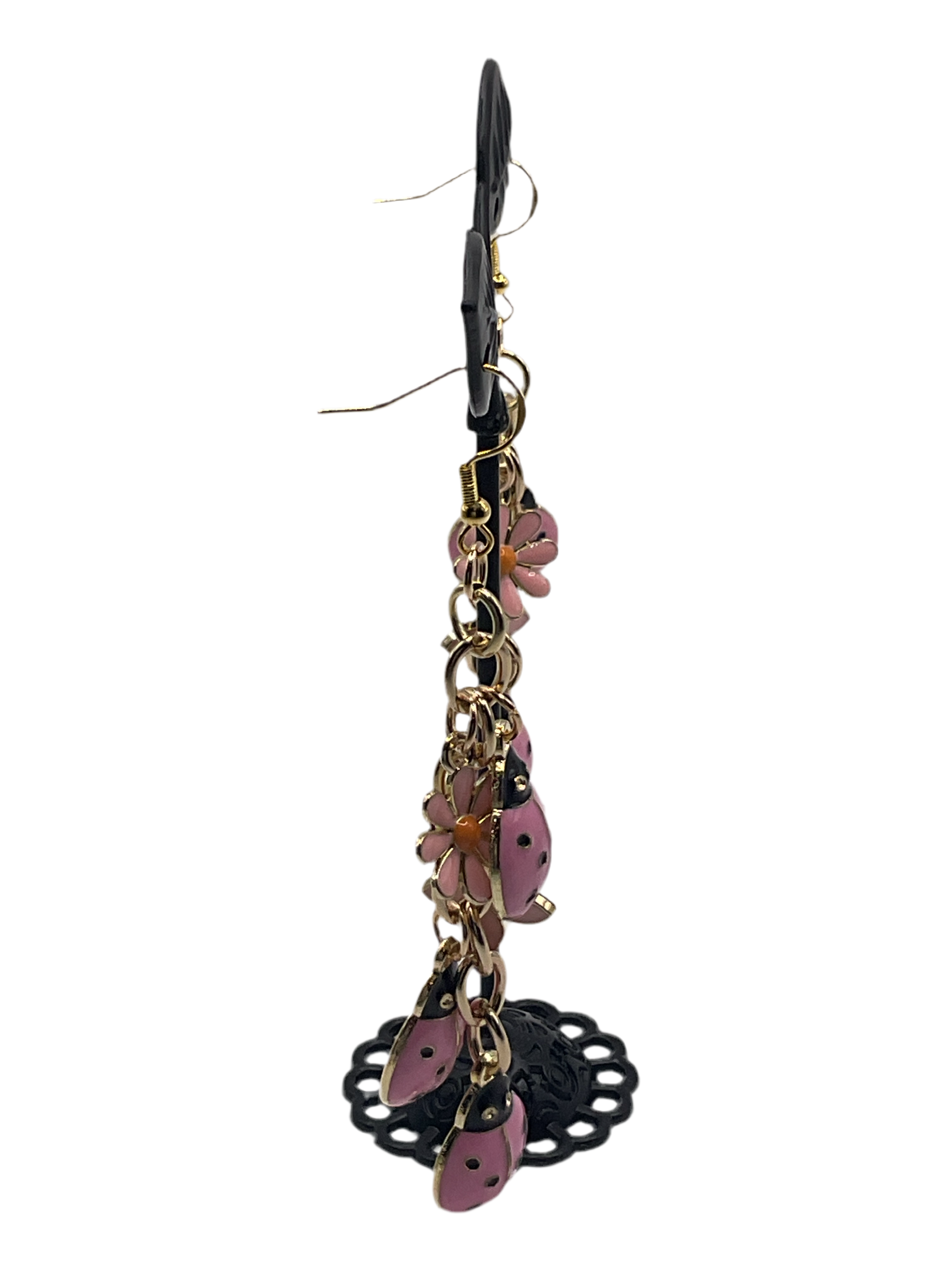 Pink ladybug and flower earrings