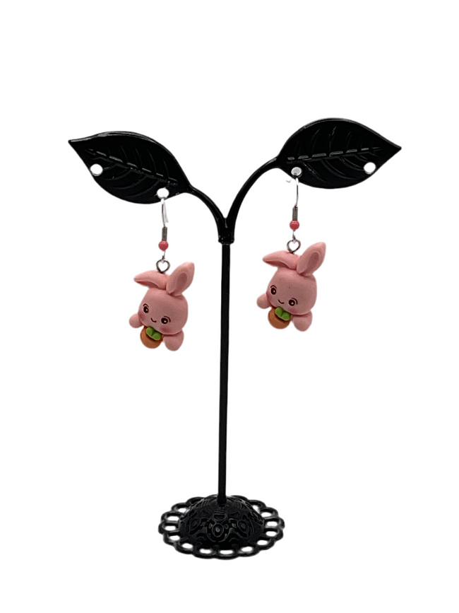 Pink bunny with carrot earrings Hover Image