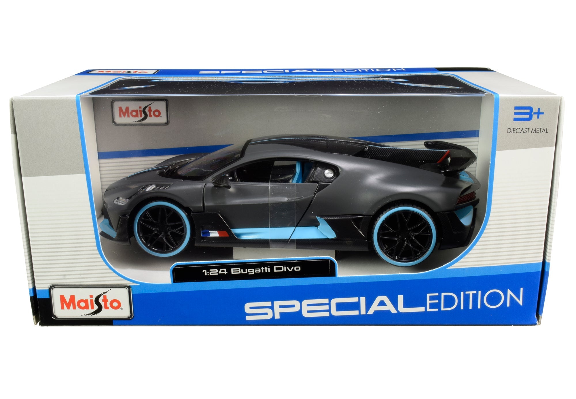 Bugatti Divo Satin Charcoal Gray with Carbon and Blue Accents "Special Edition" 1/24 Diecast Model Car by Maisto