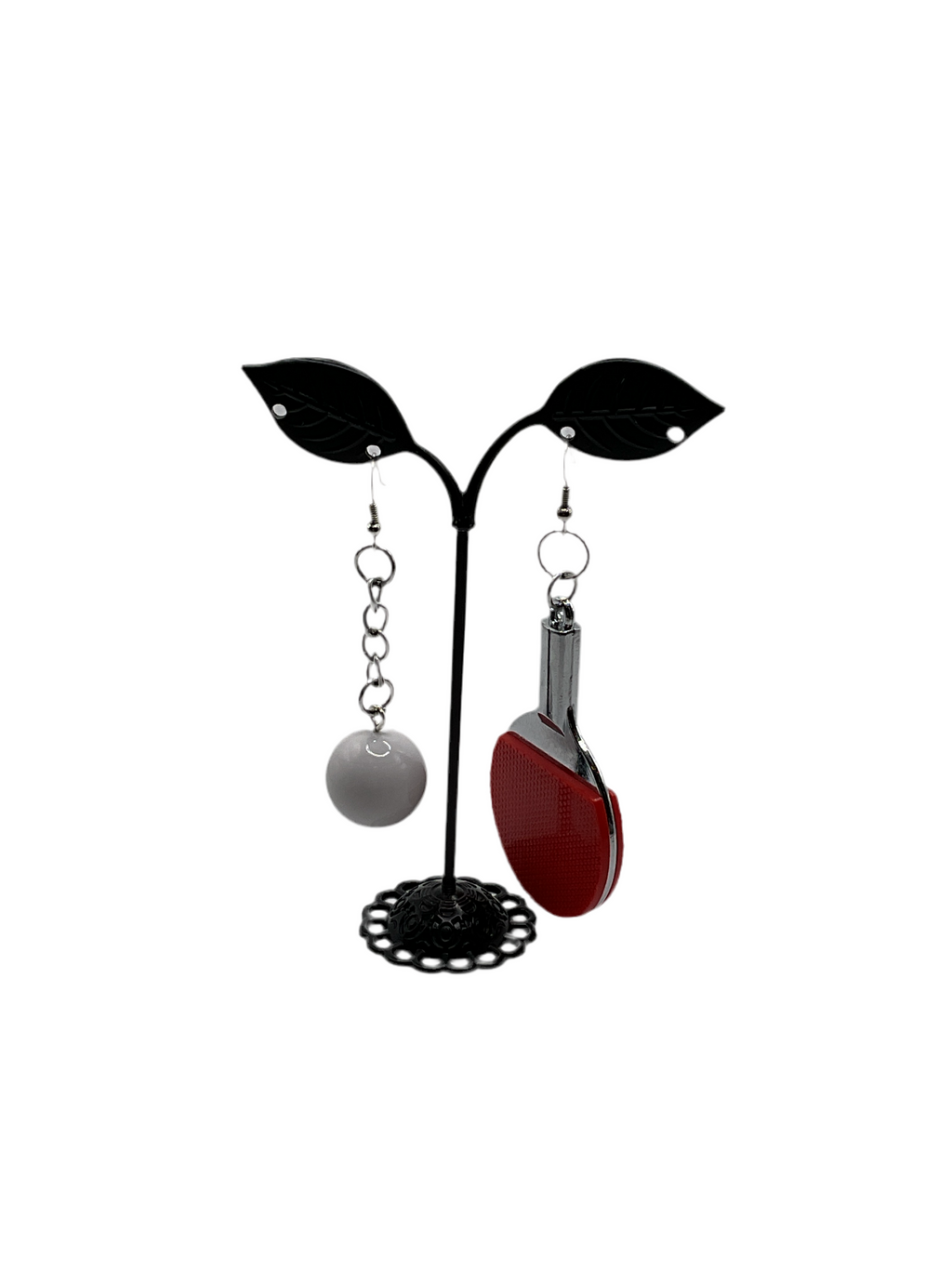 Red ping pong paddle and ball earrings