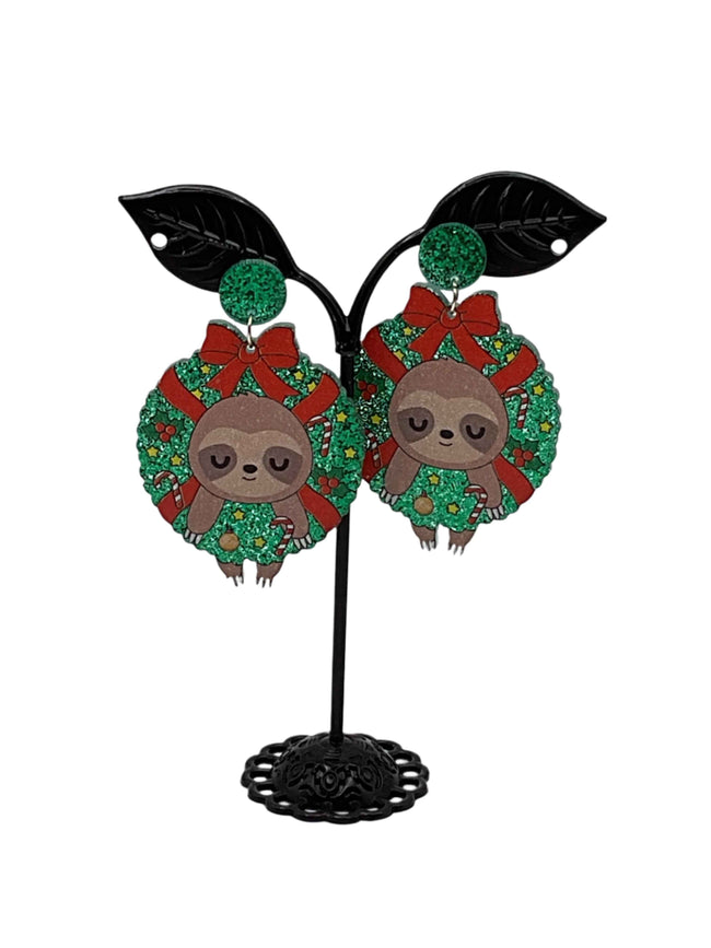 Christmas Sloth in Wreath earrings Hover Image