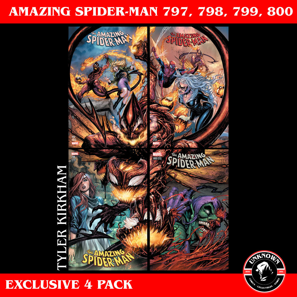 [4 PACK] AMAZING SPIDER-MAN #797, #798, #799, #800 UNKNOWN COMICS CONNECTING COVERS KIRKHAM 2018 - Collectors World Toys