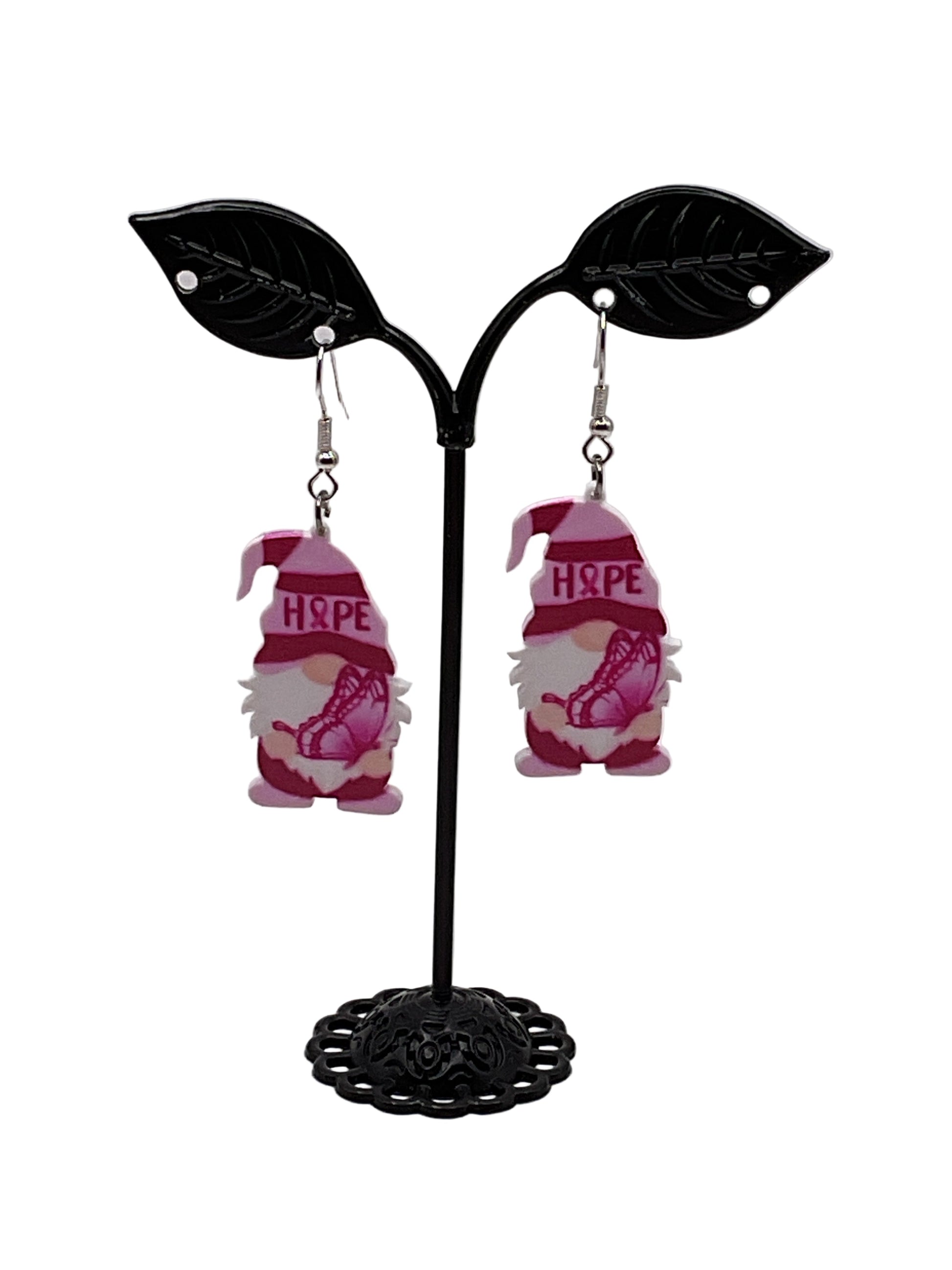 Breast cancer gnome earrings