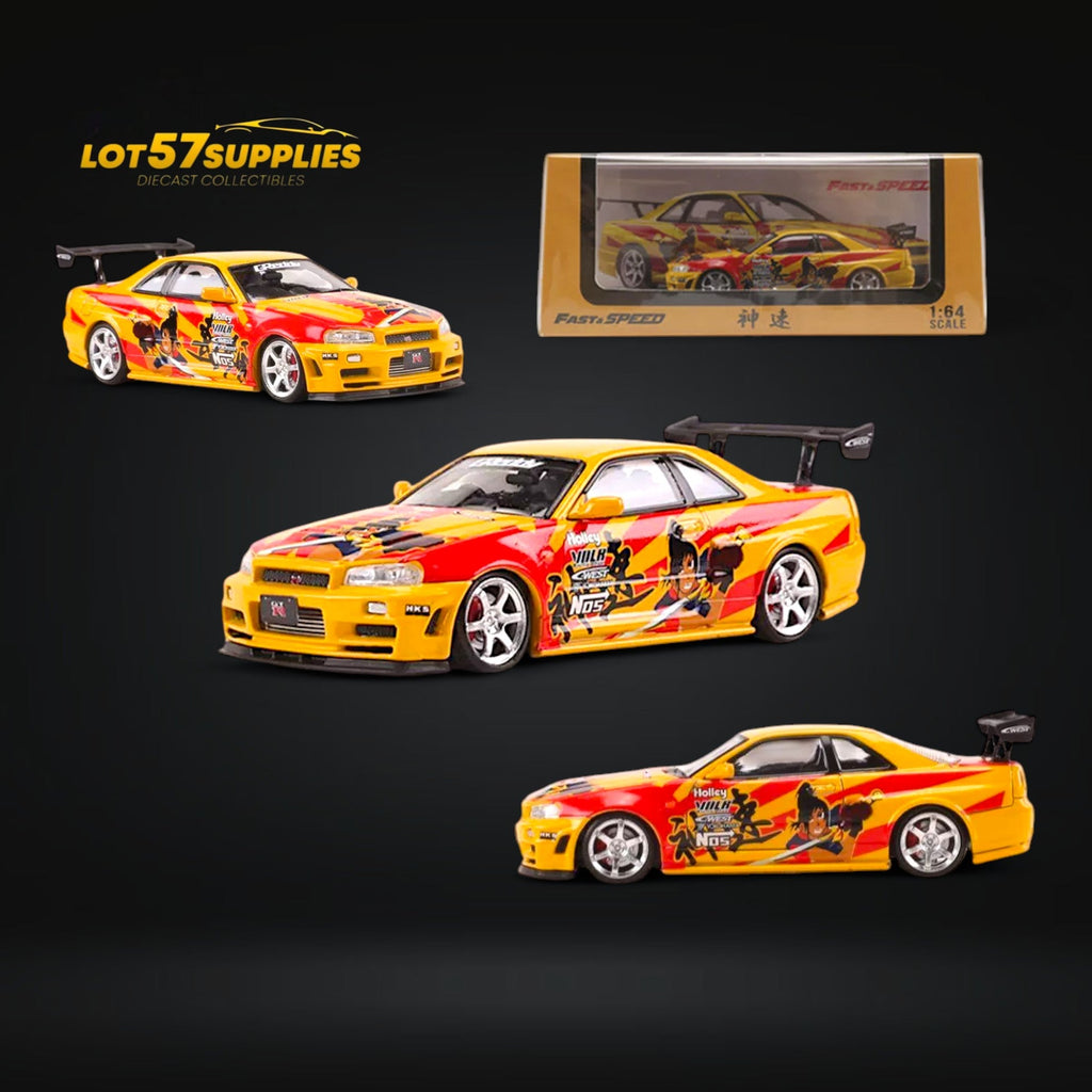 Fast Speed Nissan Skyline GT-R R34 Z-Tune NFS SRS Yellow-Red Livery 1:64 - Collectors World Toys