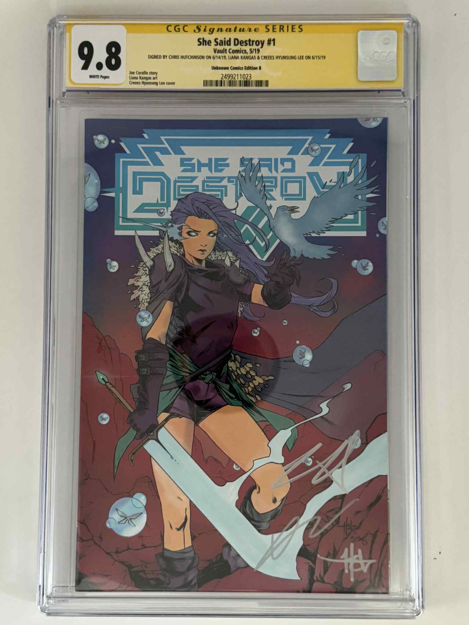 [Triple Signed by Chris Hutchinson | Liana Kangas | Creees Hyunsung Lee] She Said Destroy #1 CGC 9.8 Yellow Label Creees Exclusive Var