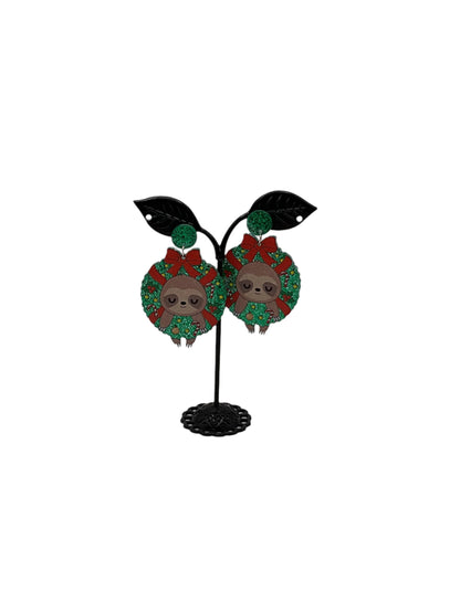 Christmas Sloth in Wreath earrings
