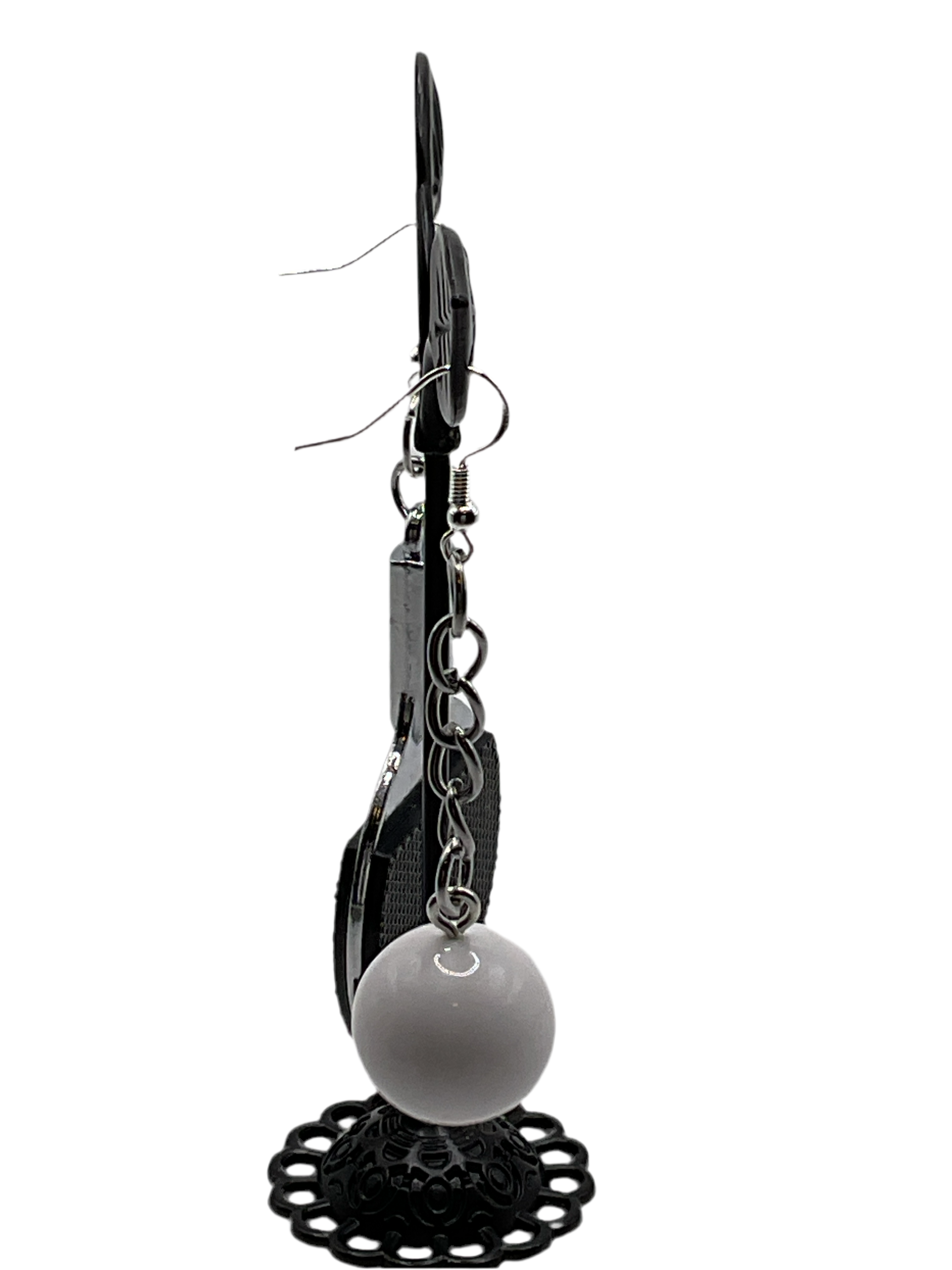 Black ping pong paddle and ball earrings