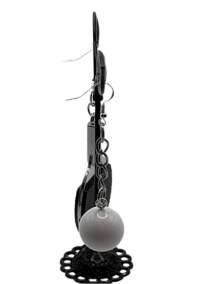 Black ping pong paddle and ball earrings