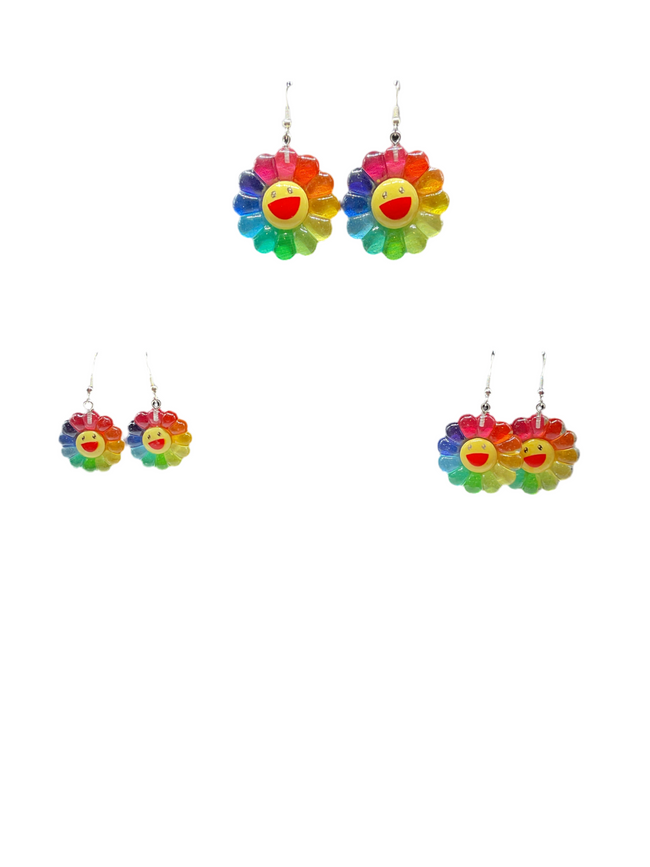 Rainbow Flower Smiley Face Earrings Hover Image