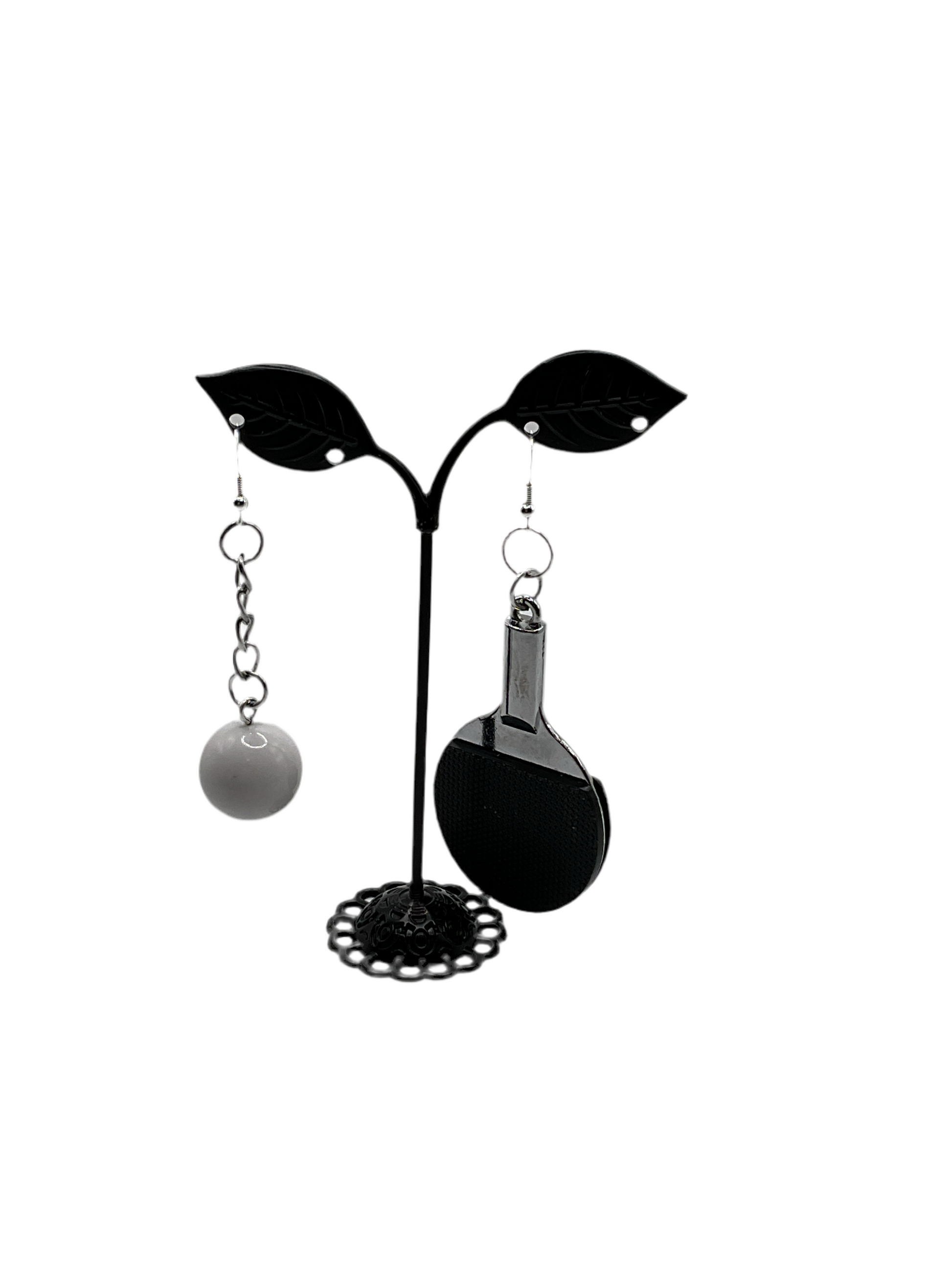 Black ping pong paddle and ball earrings