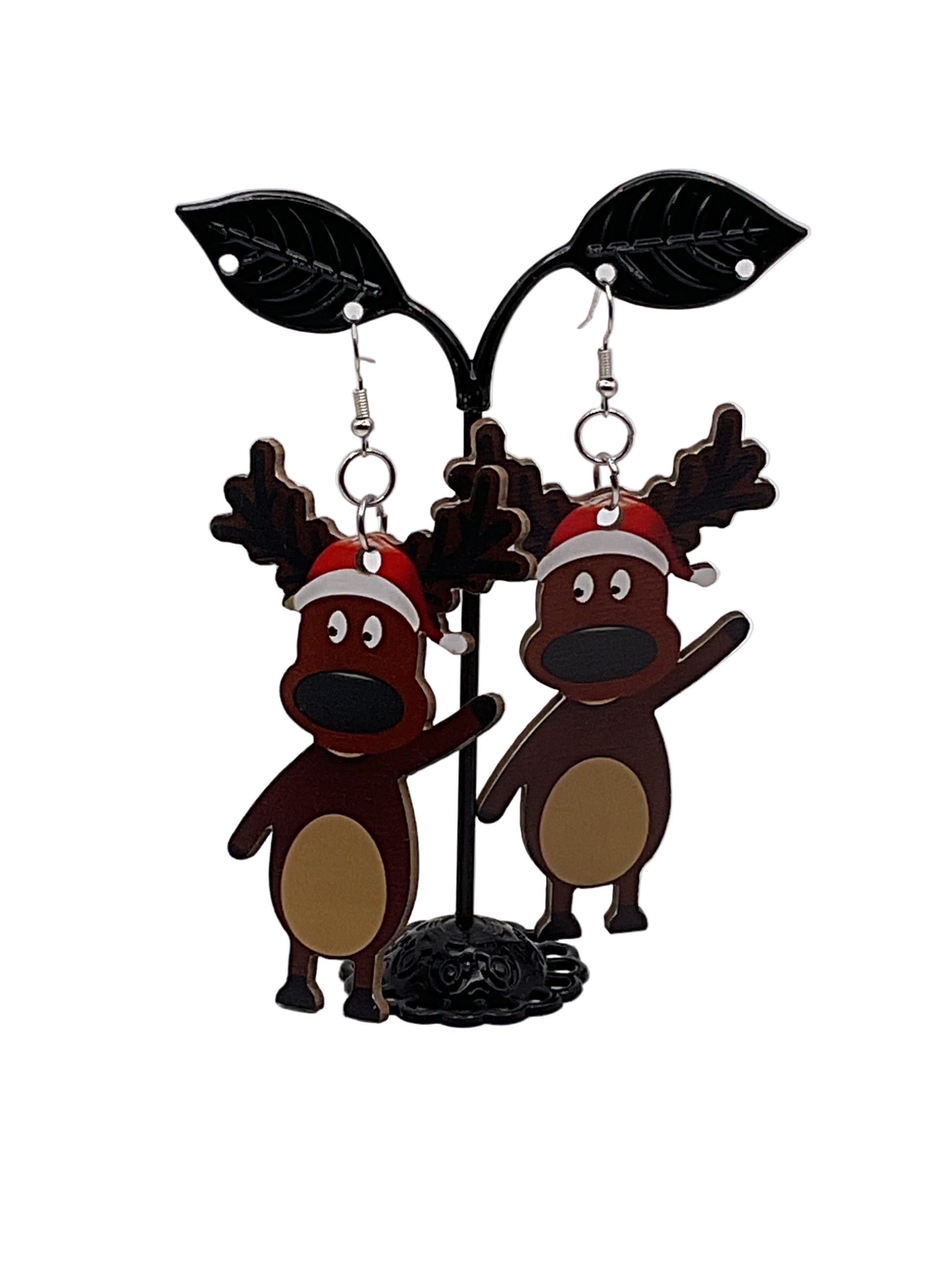 Wooden Christmas Earrings REINDEER WEARING SANTA HAT