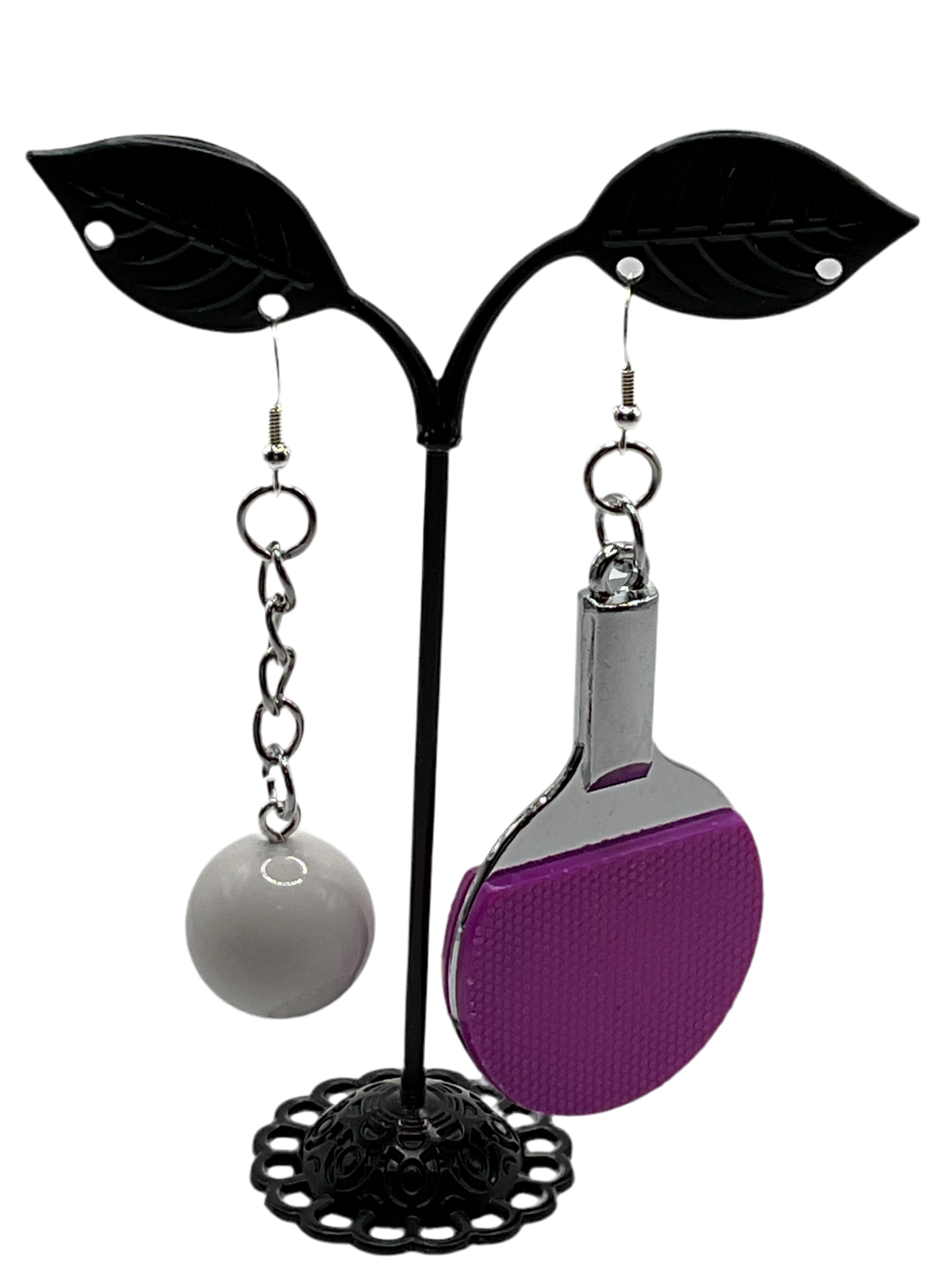Pink ping pong ball and paddle earrings Main image