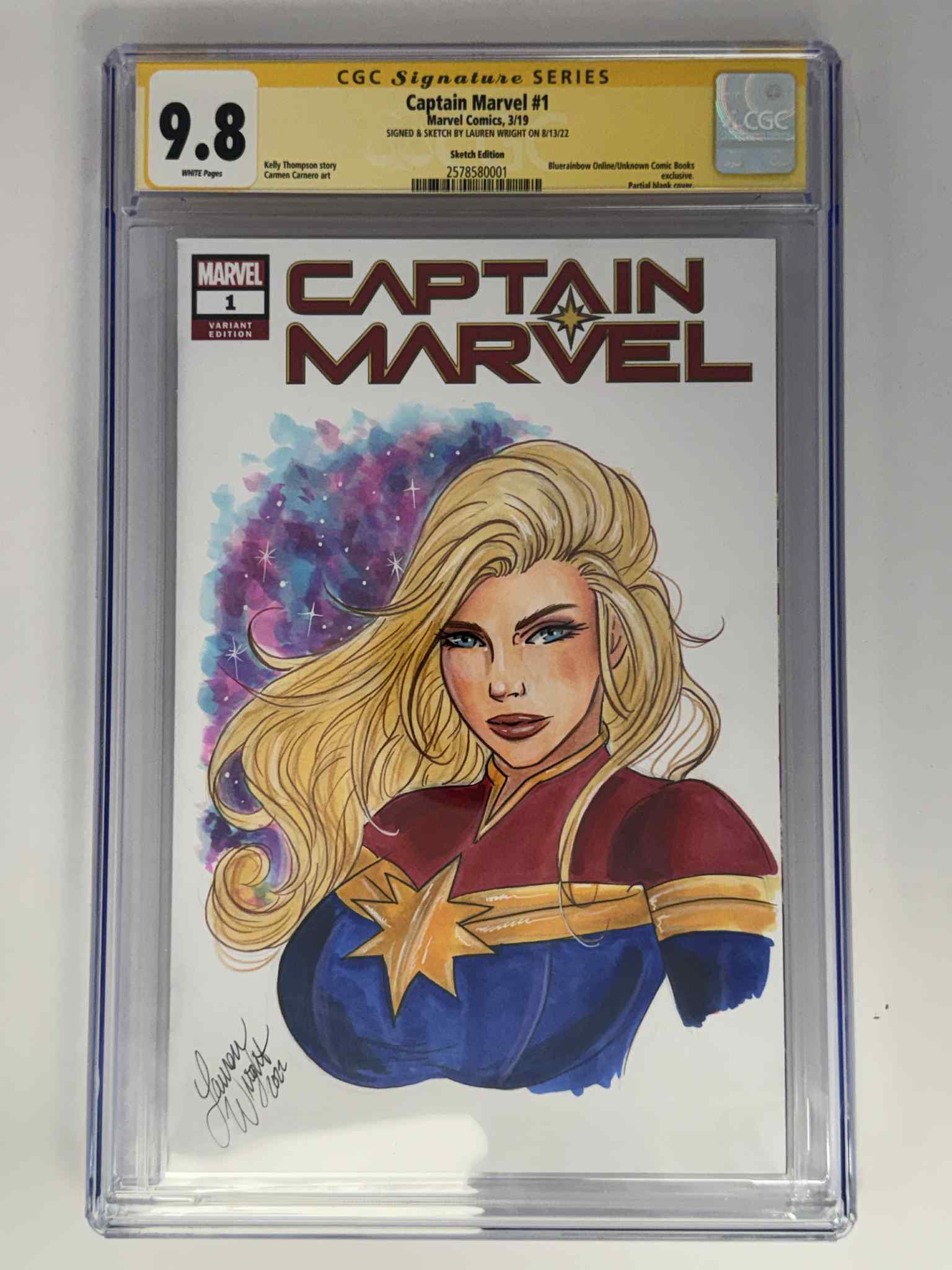[Signed & Sketch by Lauren Wright] Captain Marvel #1 CGC 9.8 Yellow Label Exclusive Sketch Var Main image