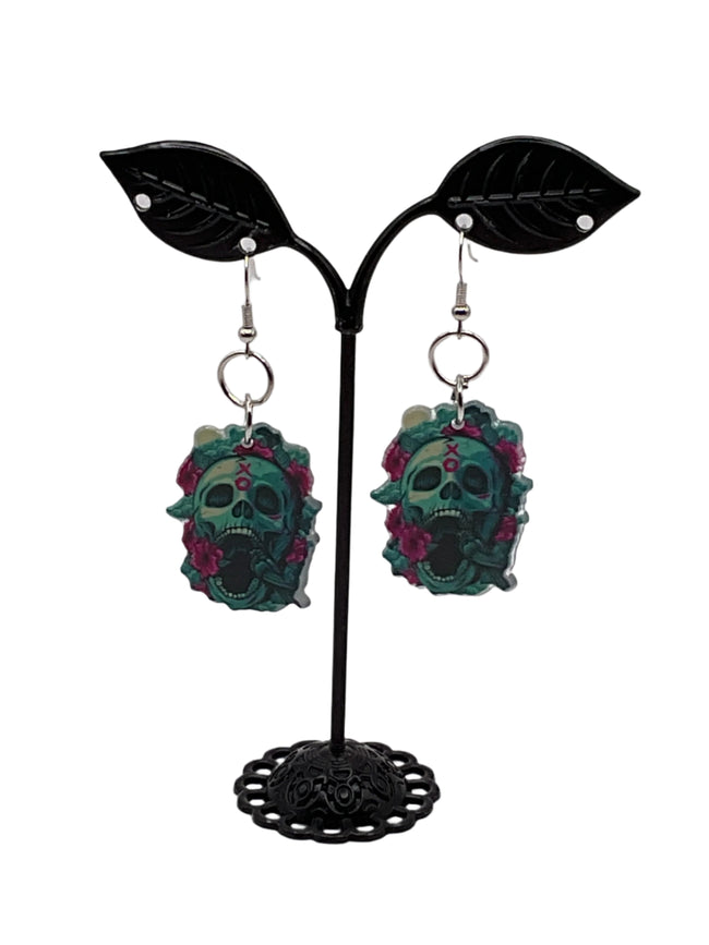 Skulls With Pink Rose Earrings Hover Image
