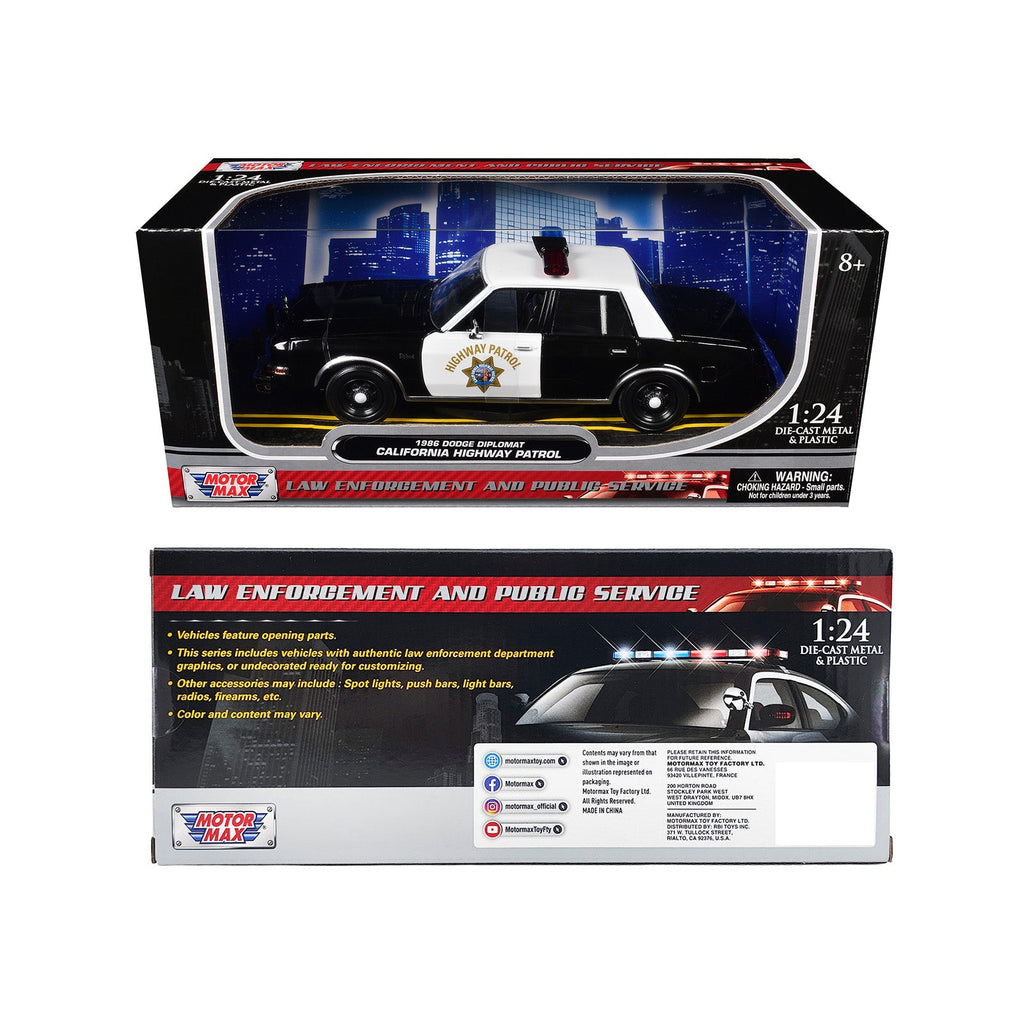 1986 Dodge Diplomat Police Car "California Highway Patrol" Black and White "Law Enforcement and Public Service" Series 1/24 Diecast Model Car by Motormax
