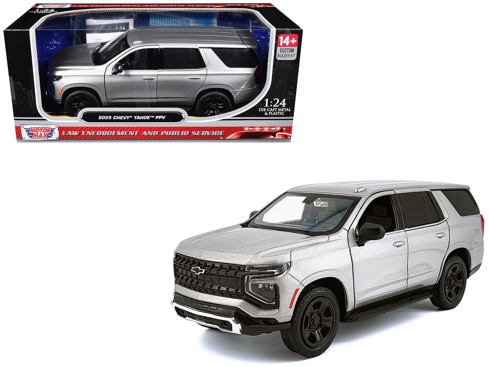 2025 Chevrolet Tahoe PPV Silver Metallic "Custom Builder's Kit - Law Enforcement and Public Service" Series 1/24 Diecast Model Car by Motormax