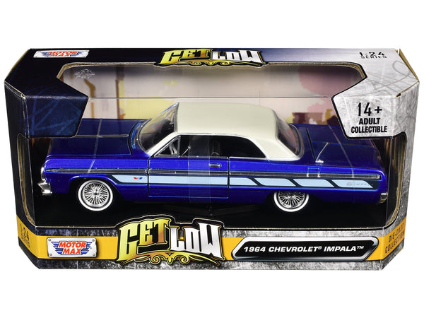 1964 Chevrolet Impala Lowrider Hard Top Candy Blue Metallic with Cream Top "Get Low" Series 1/24 Diecast Model Car by Motormax