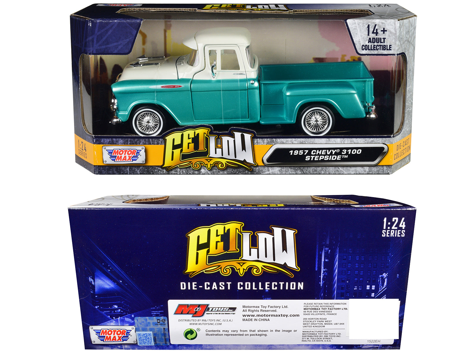 1957 Chevrolet 3100 Stepside Pickup Truck Lowrider Turquoise Metallic and White with White Interior "Get Low" Series 1/24 Diecast Model Car by Motormax