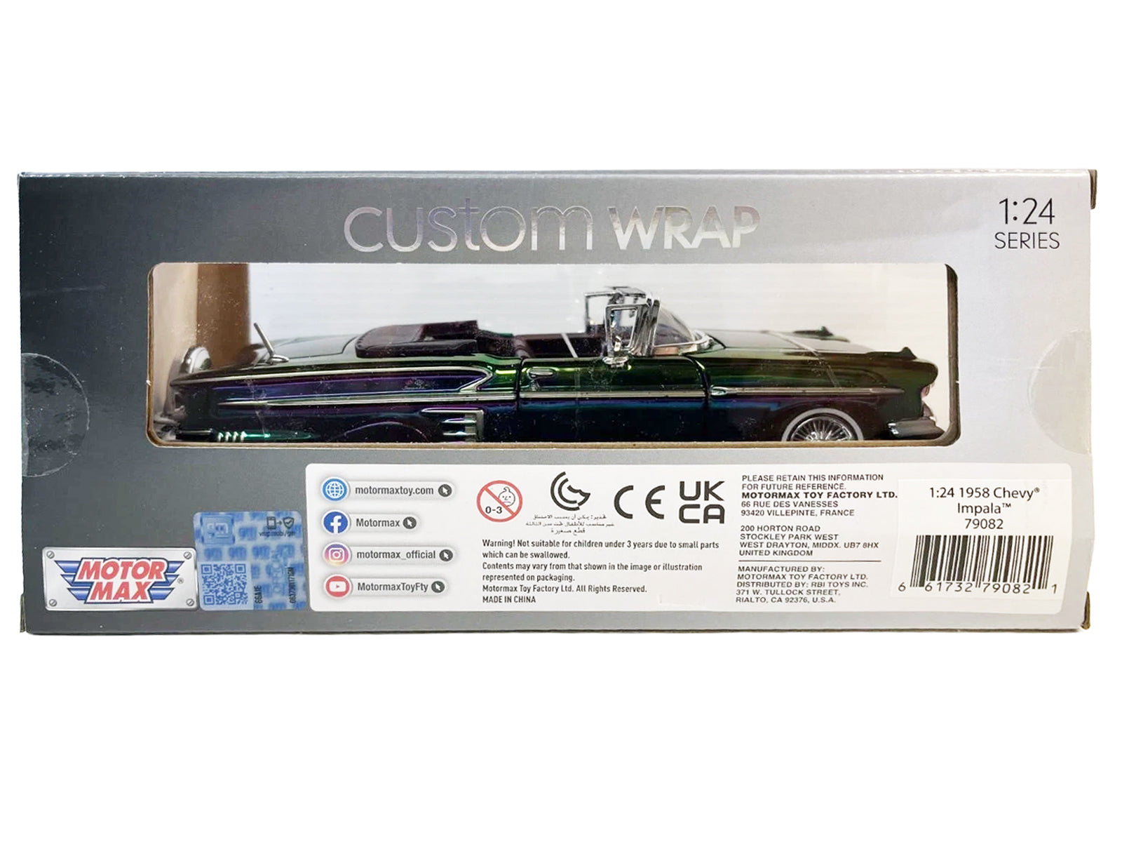 1958 Chevrolet Impala Green and Purple Chrome "Custom Wrap" Series 1/24 Diecast Model Car by Motormax
