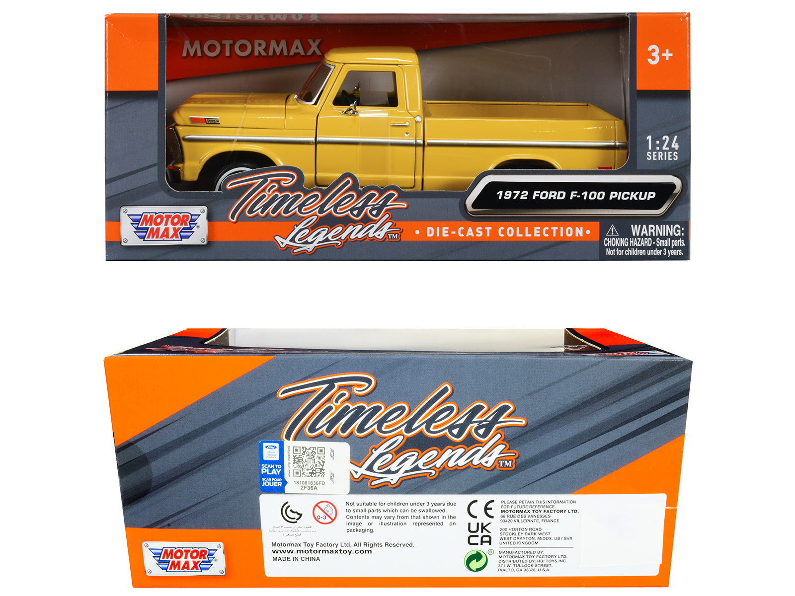1972 Ford F-100 Pickup Truck Yellow "Timeless Legends" Series 1/24 Diecast Model Car by Motormax