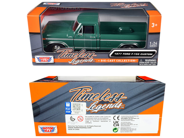 1977 Ford F-150 Custom Pickup Truck Green "Timeless Legends" Series 1/24 Diecast Model Car by Motormax