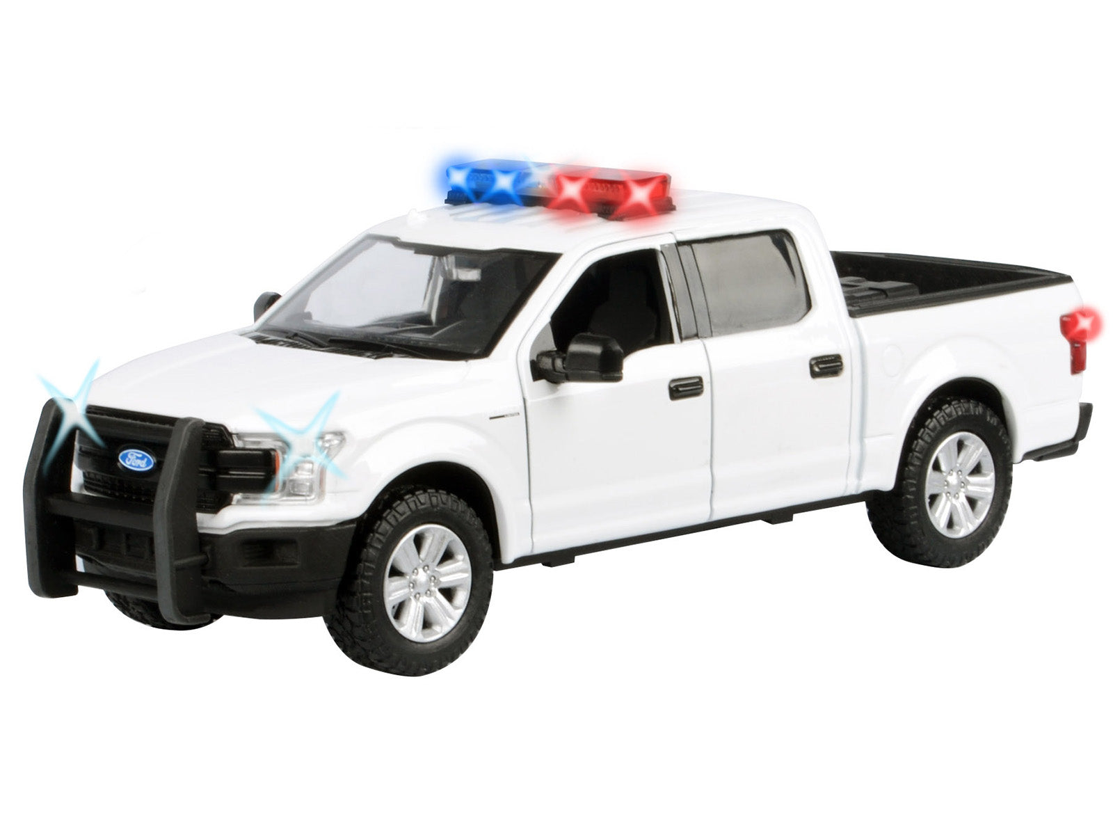 2019 Ford F-150 Lariat Crew Cab Pickup Truck White with Flashing Light Bar and Front and Rear Lights and Sounds 1/27 Diecast Model Car by Motormax