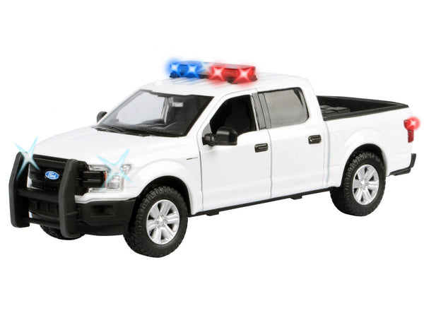 2019 Ford F-150 Lariat Crew Cab Pickup Truck White with Flashing Light Bar and Front and Rear Lights and Sounds 1/27 Diecast Model Car by Motormax