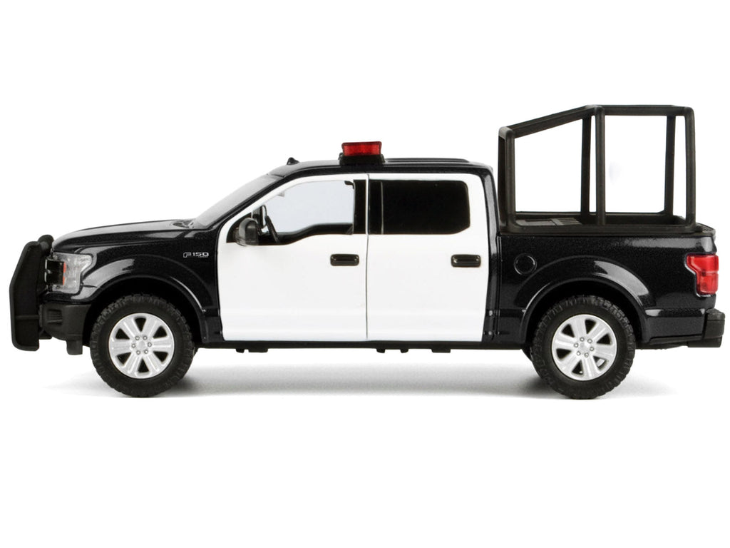 2019 Ford F-150 Lariat Crew Cab Pickup Truck with Bed Cage Black and White with Flashing Light Bar and Front and Rear Lights and Sounds 1/27 Diecast Model Car by Motormax