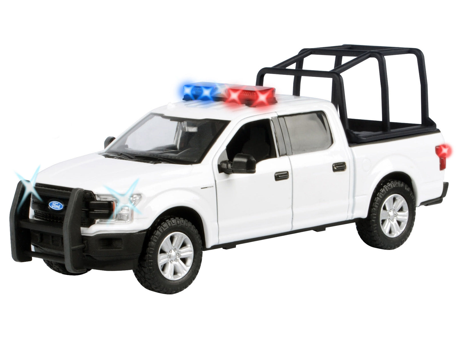 2019 Ford F-150 Lariat Crew Cab Pickup Truck with Bed Cage White with Flashing Light Bar and Front and Rear Lights and Sounds 1/27 Diecast Model Car by Motormax