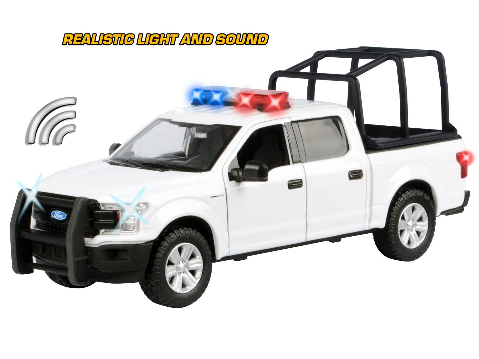 2019 Ford F-150 Lariat Crew Cab Pickup Truck with Bed Cage White with Flashing Light Bar and Front and Rear Lights and Sounds 1/27 Diecast Model Car by Motormax
