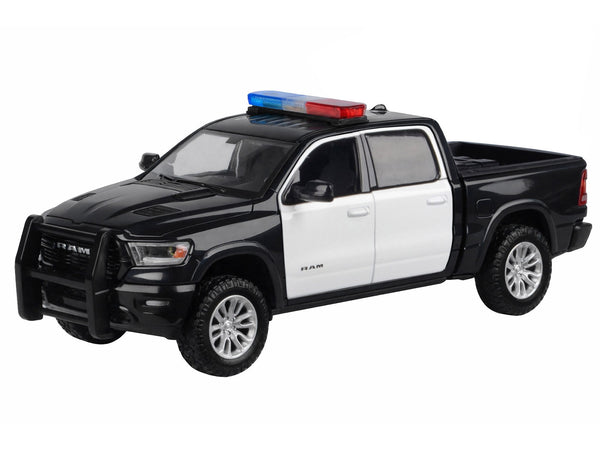 2019 RAM 1500 Laramie Crew Cab Pickup Truck Black and White with Flashing Light Bar and Front and Rear Lights and Sounds 1/27 Diecast Model Car by Motormax