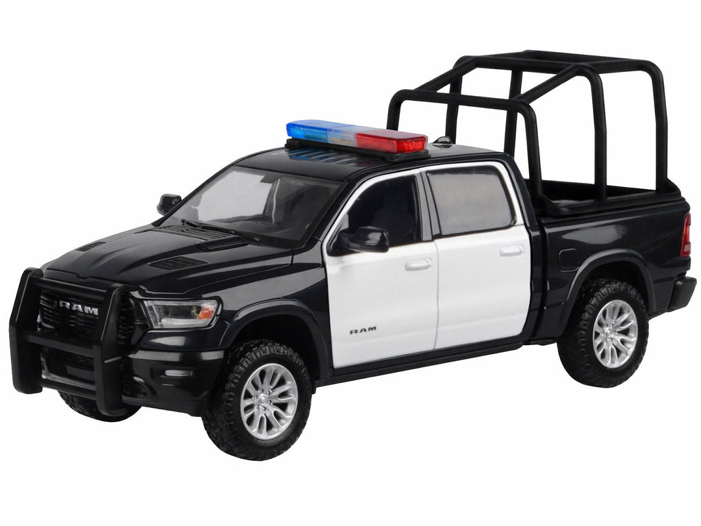 2019 RAM 1500 Laramie Crew Cab Pickup Truck with Bed Cage Black and White with Flashing Light Bar and Front and Rear Lights and Sounds 1/27 Diecast Model Car by Motormax