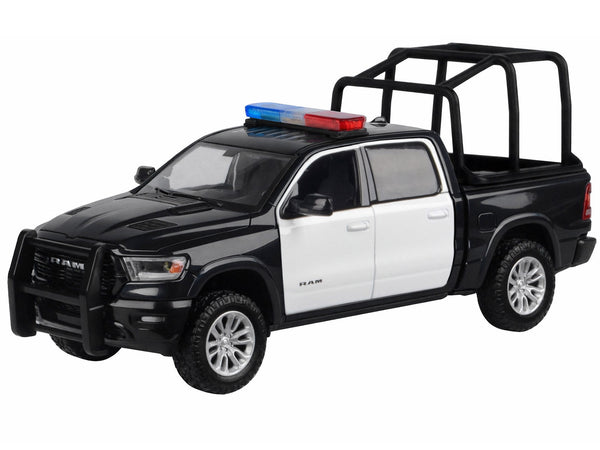 2019 RAM 1500 Laramie Crew Cab Pickup Truck with Bed Cage Black and White with Flashing Light Bar and Front and Rear Lights and Sounds 1/27 Diecast Model Car by Motormax