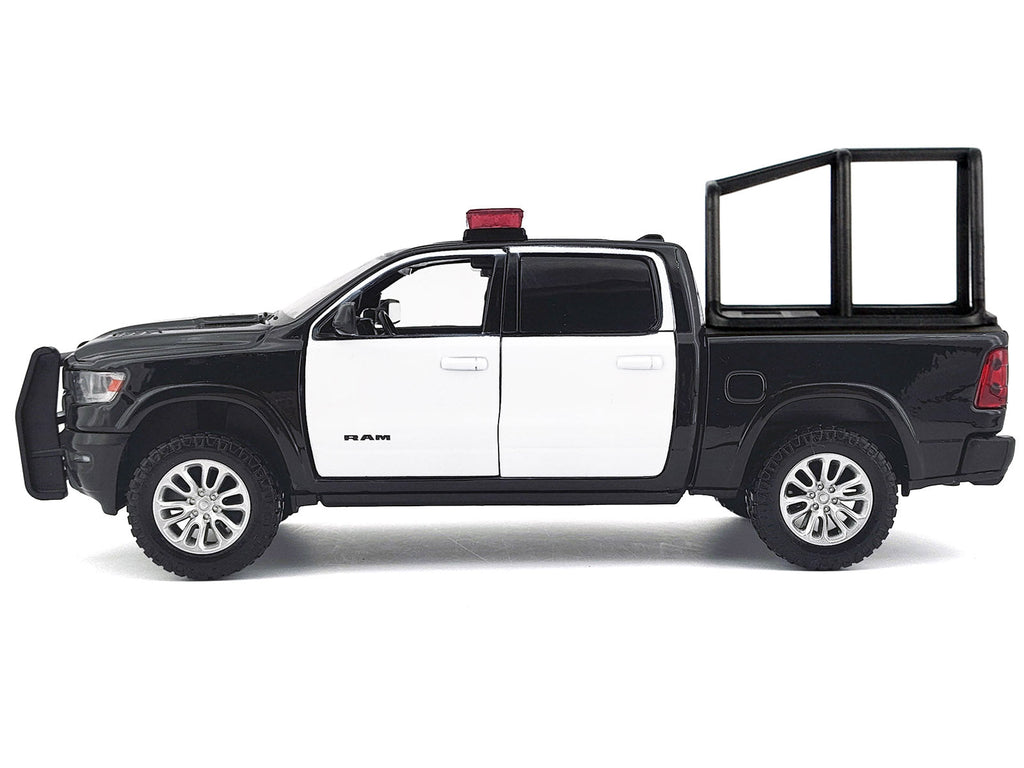 2019 RAM 1500 Laramie Crew Cab Pickup Truck with Bed Cage Black and White with Flashing Light Bar and Front and Rear Lights and Sounds 1/27 Diecast Model Car by Motormax
