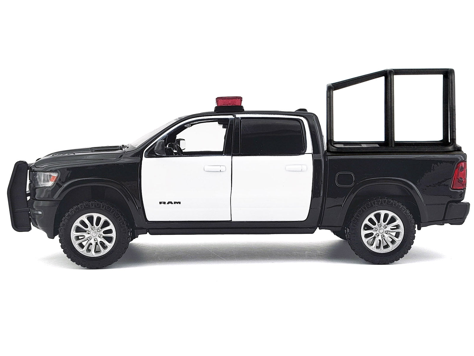 2019 RAM 1500 Laramie Crew Cab Pickup Truck with Bed Cage Black and White with Flashing Light Bar and Front and Rear Lights and Sounds 1/27 Diecast Model Car by Motormax